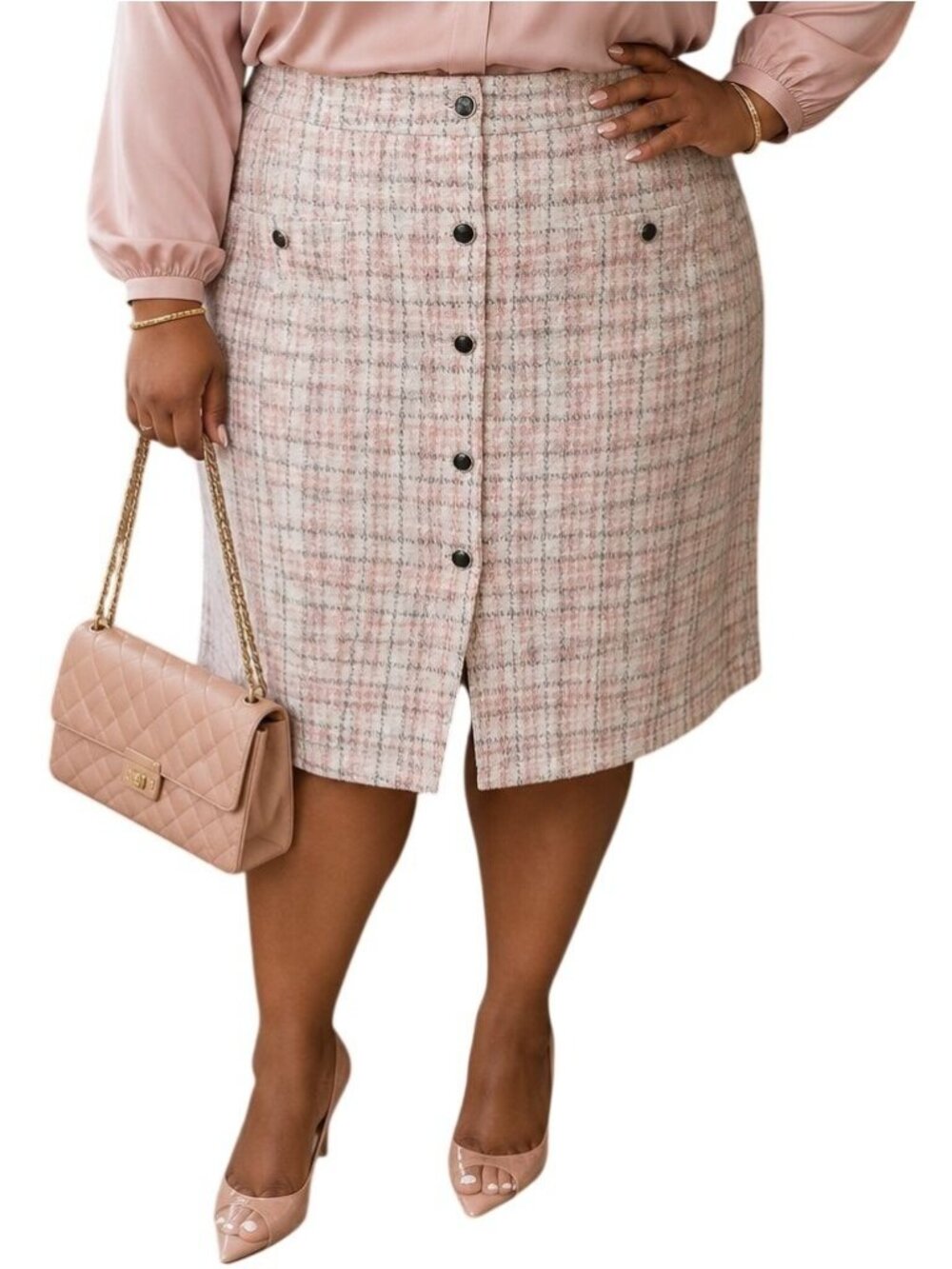Catherines Plus Size 26/28W Skirt Tweed Button Accent Pink Plaid Pull-On